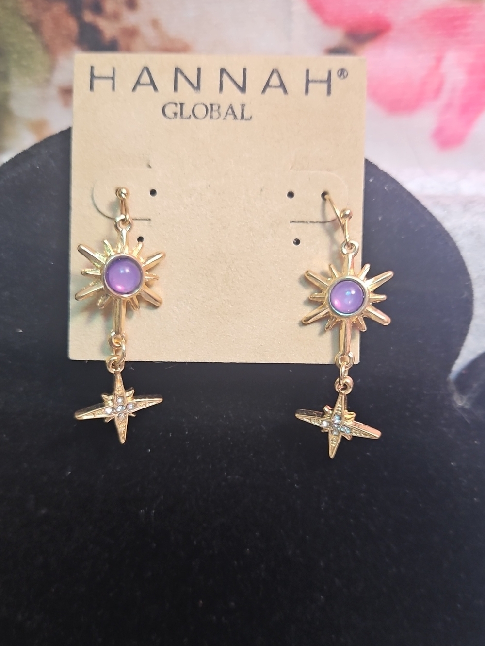 Gold Sun & Star Drop Earrings with Purple Center
